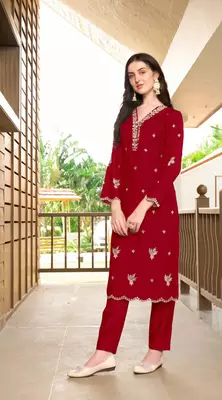 Maroon hand embroidery art silk asymmetrical  kurta & pants set 1