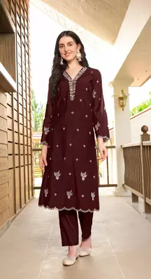 Dark-maroon hand embroidery art silk asymmetrical  kurta & 1