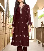 Dark-maroon hand embroidery art silk asymmetrical  kurta &