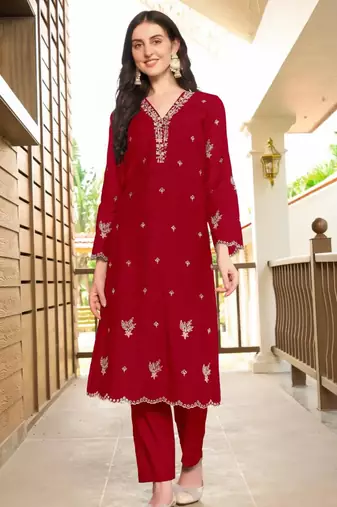 Maroon hand embroidery art silk asymmetrical  kurta & pants set