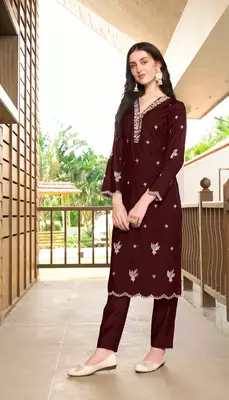Dark-maroon hand embroidery art silk asymmetrical  kurta & 3