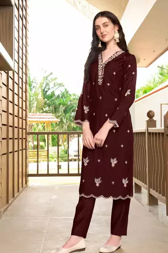 Dark-maroon hand embroidery art silk asymmetrical  kurta &