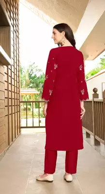 Maroon hand embroidery art silk asymmetrical  kurta & pants set 4