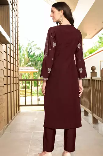 Dark-maroon hand embroidery art silk asymmetrical  kurta &