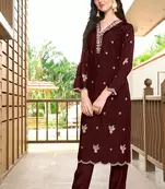 Dark-maroon hand embroidery art silk asymmetrical  kurta & pants set