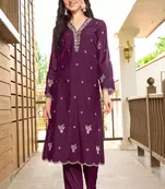 Violet hand embroidery art silk asymmetrical  kurta &