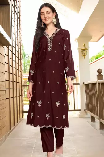 Dark-maroon hand embroidery art silk asymmetrical  kurta & pants set