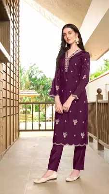 Violet hand embroidery art silk asymmetrical  kurta & 3