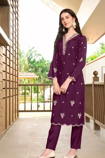 Violet hand embroidery art silk asymmetrical  kurta &