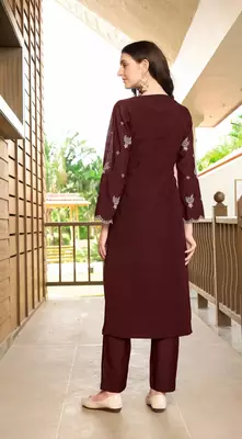 Dark-maroon hand embroidery art silk asymmetrical  kurta & pants set 4