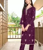 Violet hand embroidery art silk asymmetrical  kurta & pants set