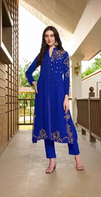 Blue hand embroidery georgette a line kurta & 1