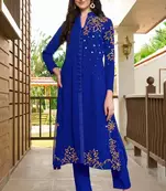 Blue hand embroidery georgette a line kurta &