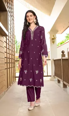 Violet hand embroidery art silk asymmetrical  kurta & pants set 3