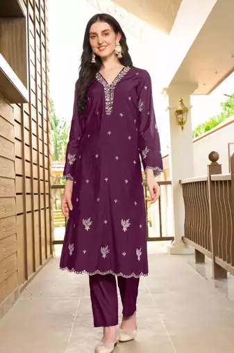 Violet hand embroidery art silk asymmetrical  kurta & pants set
