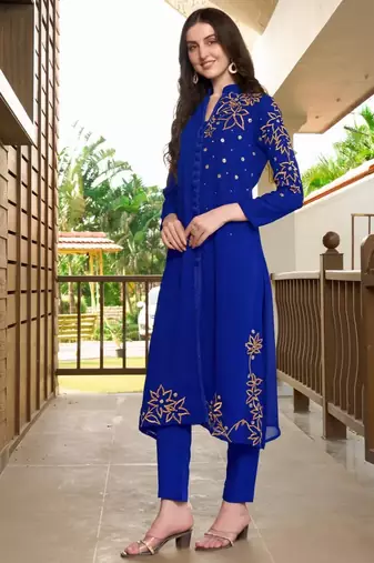 Blue hand embroidery georgette a line kurta &