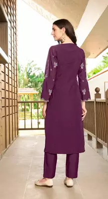Violet hand embroidery art silk asymmetrical  kurta & pants set 4