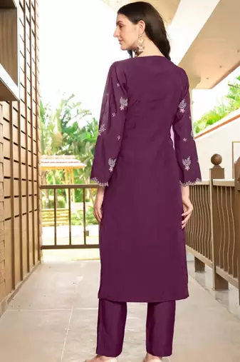 Violet hand embroidery art silk asymmetrical  kurta & pants set