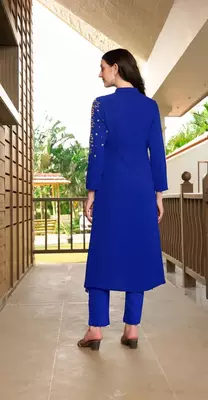 Blue hand embroidery georgette a line kurta & 4