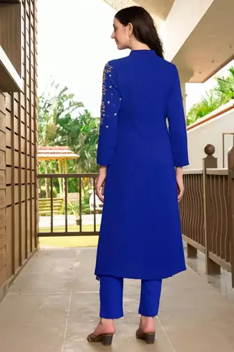 Blue hand embroidery georgette a line kurta &
