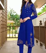 Blue hand embroidery georgette a line kurta & pants set