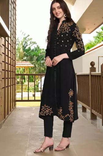 Black hand embroidery georgette a line kurta &