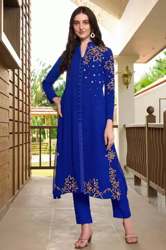 Blue hand embroidery georgette a line kurta & pants set