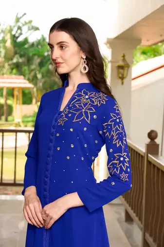 Blue hand embroidery georgette a line kurta & pants set
