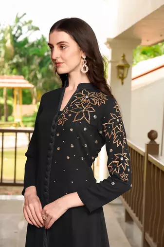 Black hand embroidery georgette a line kurta &