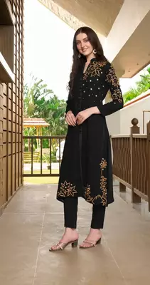 Black hand embroidery georgette a line kurta & pants set 1