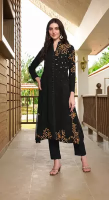 Black hand embroidery georgette a line kurta & pants set 3