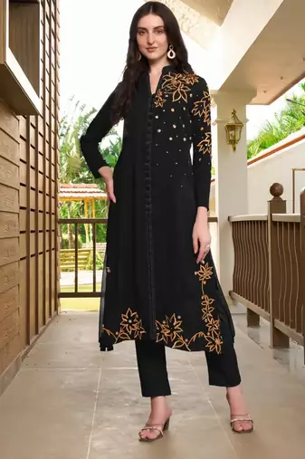 Black hand embroidery georgette a line kurta & pants set