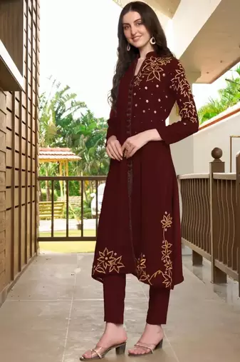 Maroon hand embroidery georgette a line kurta &