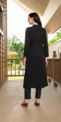 Black hand embroidery georgette a line kurta & pants set 4
