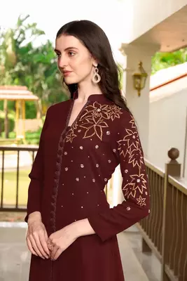 Maroon hand embroidery georgette a line kurta & 5