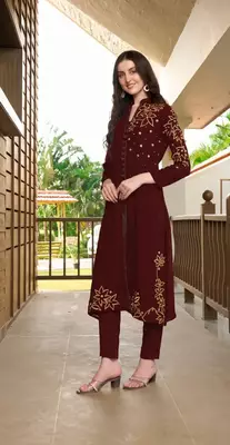 Maroon hand embroidery georgette a line kurta & pants set 1