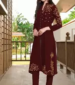 Maroon hand embroidery georgette a line kurta & pants set