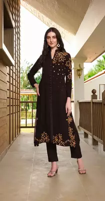 Brown hand embroidery georgette a line kurta & 1