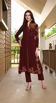 Maroon hand embroidery georgette a line kurta & pants set 3