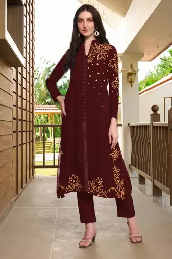 Maroon hand embroidery georgette a line kurta & pants set