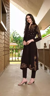 Brown hand embroidery georgette a line kurta & 3