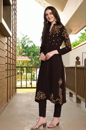 Brown hand embroidery georgette a line kurta &