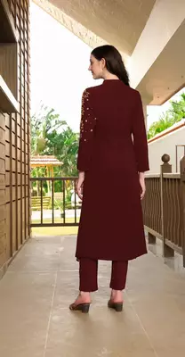Maroon hand embroidery georgette a line kurta & pants set 4