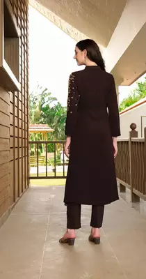 Brown hand embroidery georgette a line kurta & 4