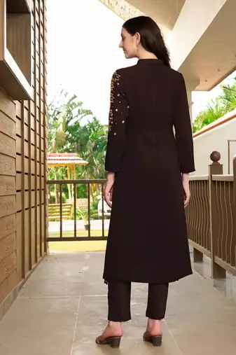 Brown hand embroidery georgette a line kurta &