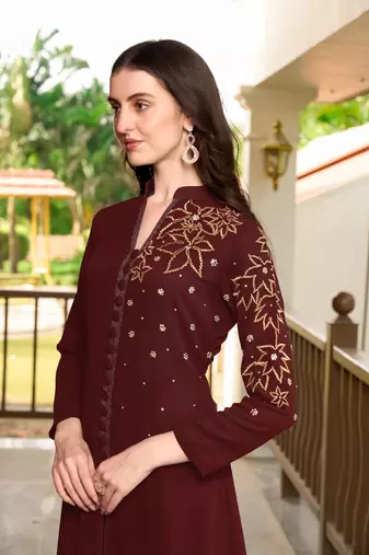 Maroon hand embroidery georgette a line kurta & pants set