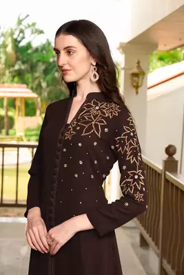 Brown hand embroidery georgette a line kurta & 5