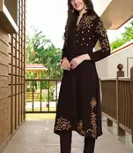 Brown hand embroidery georgette a line kurta & pants set