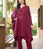 Maroon hand embroidery satin asymmetrical  kurta &