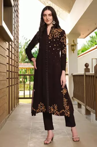 Brown hand embroidery georgette a line kurta & pants set